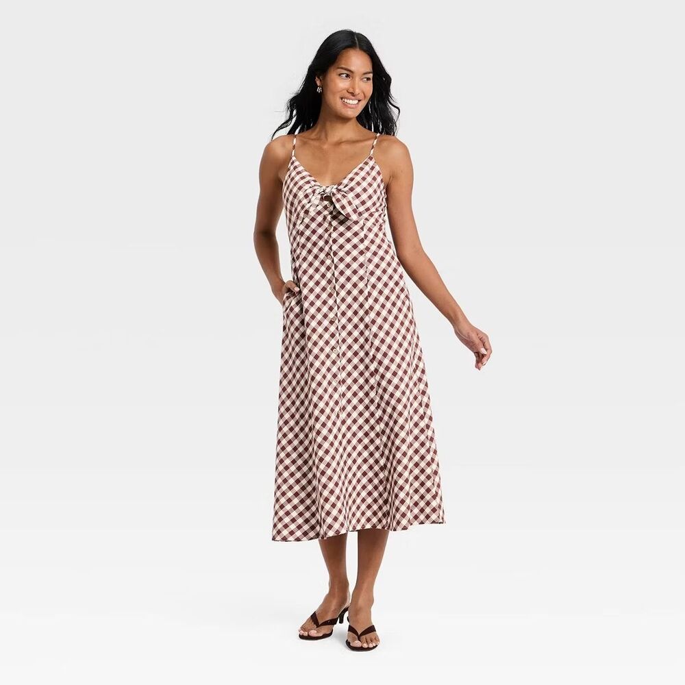 A New Day Sleeveless Bow-Front Midi A-Line Dress Brown Gingham Womens SMALL New